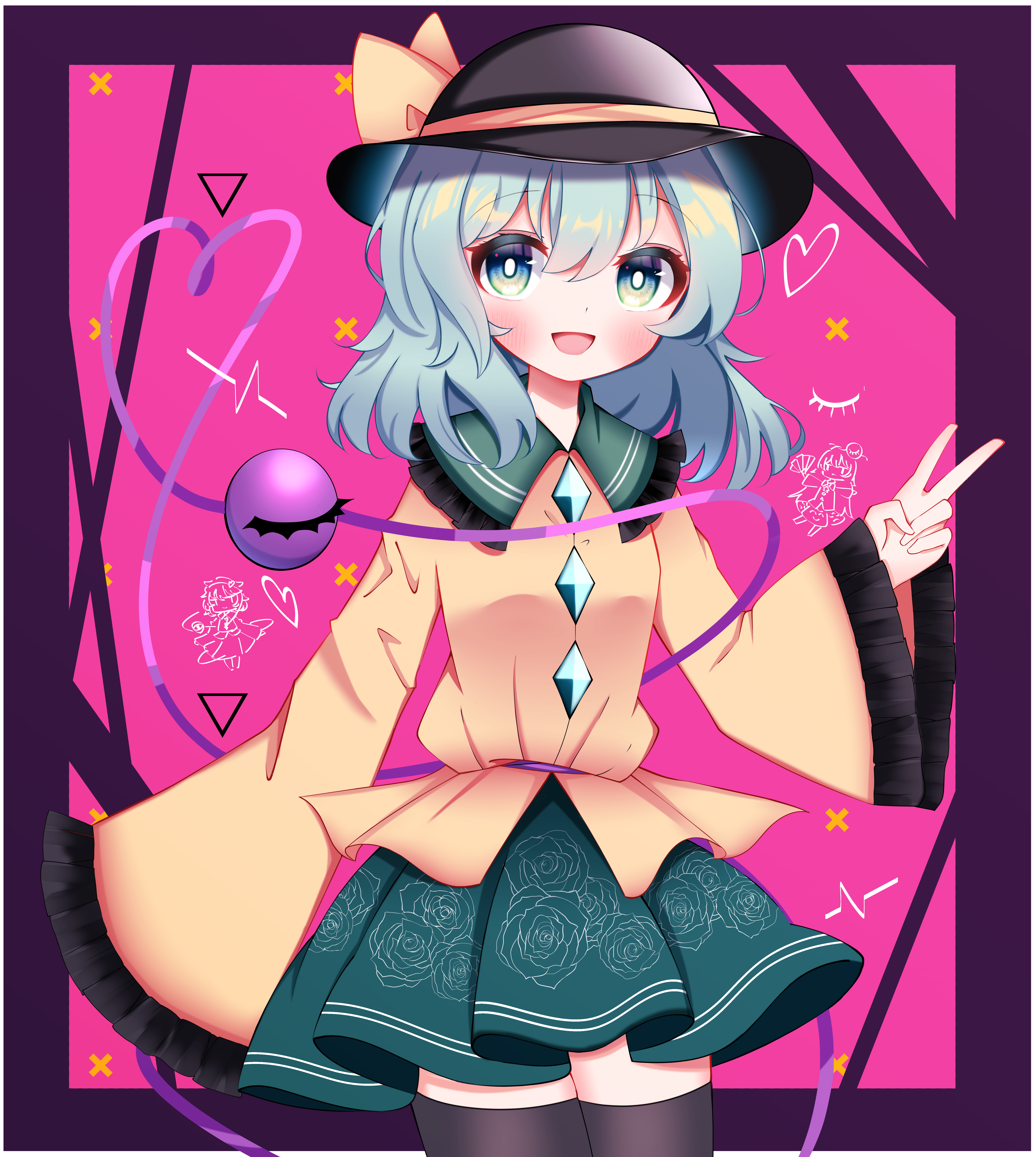 1girl :d absurdres black_hat black_thighhighs blush bow buttons diamond_button floral_print frilled_shirt_collar frilled_sleeves frills green_eyes green_hair green_skirt hand_fan hat hat_bow hata_no_kokoro heart heart_of_string highres komeiji_koishi komeiji_satori light_green_hair long_hair long_sleeves looking_at_viewer medium_hair open_mouth rose_print shirt skirt sleeves_past_wrists smile solo standing thighhighs third_eye touhou v waroemon yellow_bow yellow_shirt