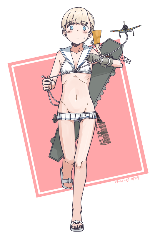 1girl aircraft airplane alternate_costume bikini blonde_hair blue_eyes blunt_bangs cosplay female_focus flight_deck full_body gloves grey_gloves groin hair_ornament kantai_collection kawashina_(momen_silicon) long_hair microskirt navel partially_fingerless_gloves partly_fingerless_gloves sailor_bikini sailor_collar sandals shin&#039;you_(kancolle) side_ponytail single_glove skirt solo swimsuit thigh_gap white_bikini white_sandals yugake z1_leberecht_maass_(kancolle) z1_leberecht_maass_(kancolle)_(cosplay) z1_leberecht_maass_(swimsuit)_(kancolle)
