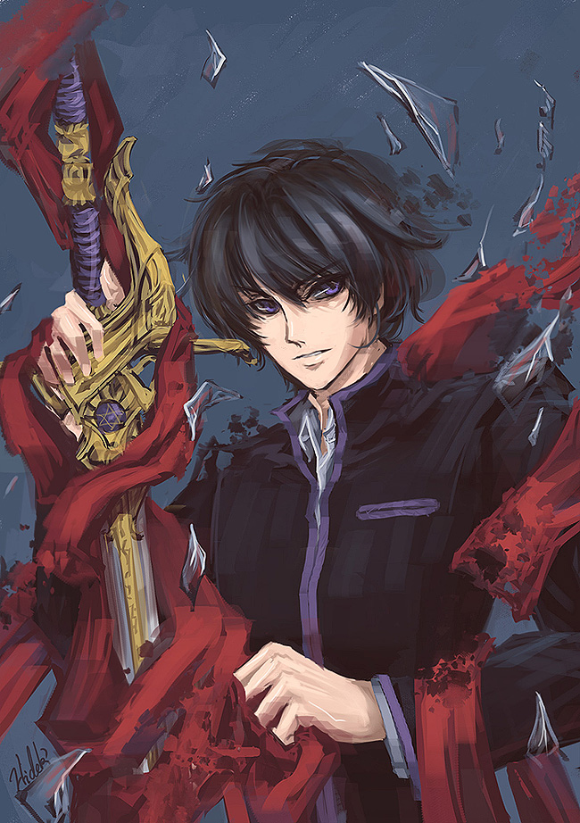 1boy black_hair hideki male_focus purple_eyes shirou_kamui short_hair solo sword weapon x_(manga)