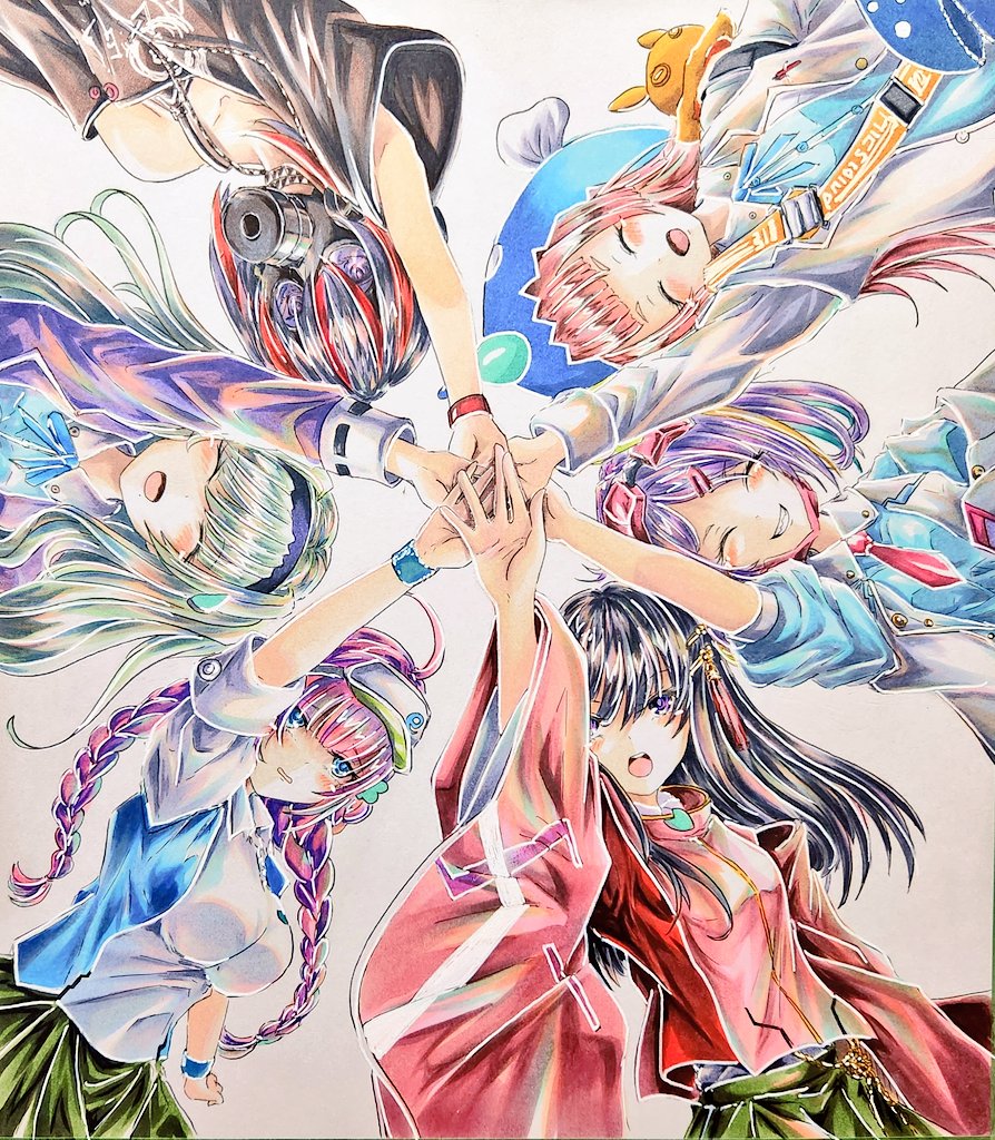 ahoge aqua_eyes black_hair black_hairband blunt_bangs braid breasts choker clover_hair_ornament date_akari eyewear_on_head fish_hat gas_mask green_hair hair_ornament hairband hat heaven_burns_red ishii_iroha jacket long_hair long_sleeves mask mask_pull midoriyamamuras mikoto_fubuki mizuhara_aina mole mole_under_mouth multicolored_hair multiple_girls murohushi_risa necktie nikaidou_misato off-shoulder_shirt off_shoulder open_mouth pink_hair purple_eyes purple_hair red_hair shirt short_hair sidelocks skirt sportswear streaked_hair tassel tassel_hair_ornament team_31d_(heaven_burns_red) tennis_uniform twin_braids twintails visor_cap