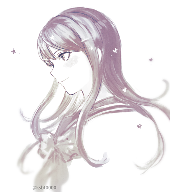 1girl blush bow bowtie closed_mouth cropped_shoulders danganronpa:_trigger_happy_havoc danganronpa_(series) from_side hair_ornament hairclip hajime_(gitoriokawaii) long_hair maizono_sayaka monochrome portrait profile sailor_collar school_uniform simple_background smile solo star_(symbol) white_background