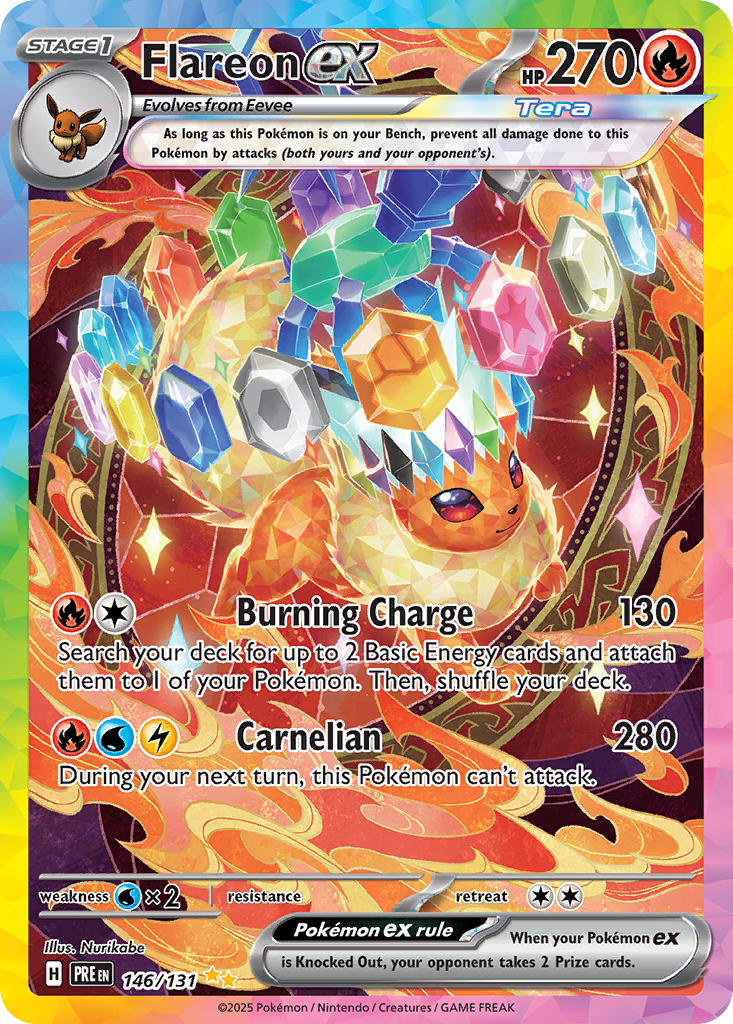 animal_focus artist_name card_(medium) character_name closed_mouth company_name copyright_name copyright_notice eevee english_text fire flareon gem gen_1_pokemon nintendo no_humans nurikabe_(mictlan-tecuhtli) official_art pokemon pokemon_(creature) pokemon_card pokemon_focus pokemon_tcg smile solo sparkle terastallization third-party_source trading_card