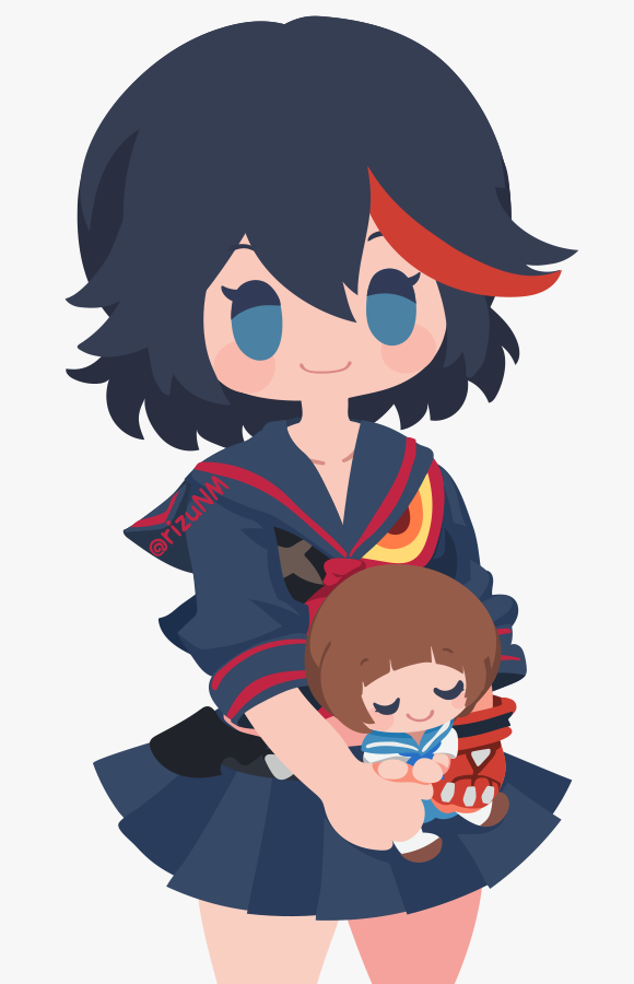 1girl black_hair black_sailor_collar black_serafuku black_shirt black_skirt blue_eyes blush_stickers character_doll closed_mouth cowboy_shot doll gloves grey_background holding holding_doll kill_la_kill looking_to_the_side mankanshoku_mako matoi_ryuuko midriff_peek multicolored_hair no_lineart no_nose pleated_skirt red_gloves red_hair rizu_(rizunm) sailor_collar school_uniform senketsu serafuku shirt short_hair simple_background single_glove skirt smile solid_oval_eyes standing streaked_hair two-tone_hair