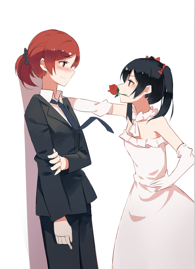 2girls black_hair blush closed_mouth flower flower_in_mouth hand_on_own_arm hand_on_own_hip holding_own_arm huanxiang_heitu kabedon love_live! love_live!_school_idol_project multiple_girls necktie nishikino_maki ponytail purple_eyes red_eyes red_hair shadow short_ponytail split_mouth twintails white_background yazawa_nico yuri