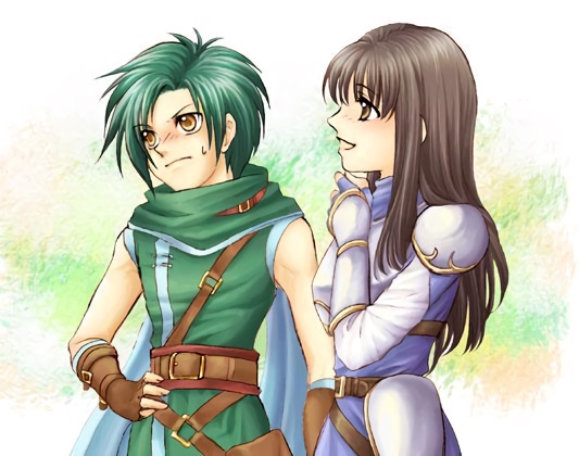 1boy 1girl armor astrid_(fire_emblem) belt black_hair blush brown_eyes couple embarrassed fingerless_gloves fire_emblem fire_emblem:_path_of_radiance gloves green_hair hand_on_own_hip hetero hip_focus long_hair nintendo non-web_source open_mouth scarf short_hair sothe_(fire_emblem) source_request suisyokyu sweat yellow_eyes