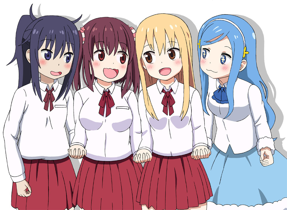 +_+ 4girls black_hair blonde_hair blue_eyes blue_hair blush breasts brown_hair doma_umaru dot_nose ebina_nana feet_out_of_frame female_focus headband himouto!_umaru-chan holding_hands long_hair long_sleeves looking_at_another medium_breasts motoba_kirie multiple_girls open_mouth school_uniform shirt simple_background skirt small_breasts smile standing tachibana_sylphynford white_background
