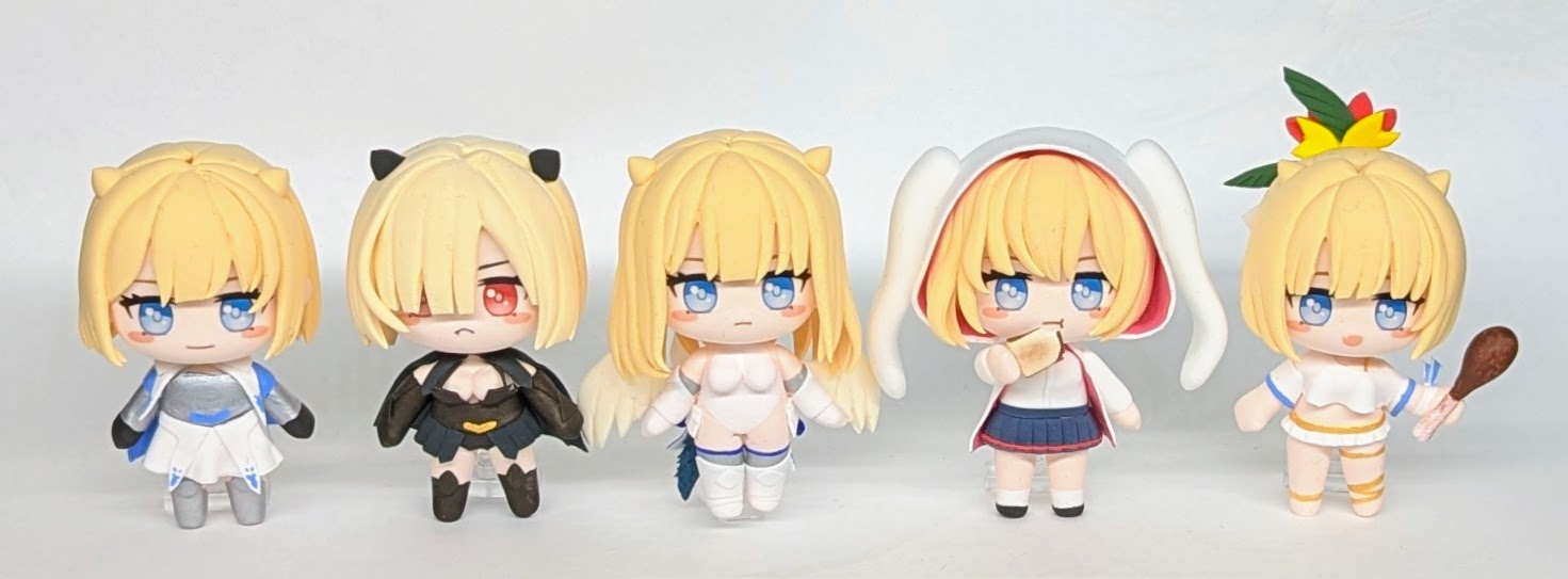 1girl angel_wings animal_ear_hood animal_ears armor bikini black_cape black_dress black_gloves blonde_hair blue_eyes blue_skirt blush blush_stickers bread bread_slice breastplate breasts brown_dust_(series) brown_dust_2 cape chibi chicken_(food) clay_(medium) cleavage closed_mouth demon_horns dress dual_persona eating eyebrows_hidden_by_hair fake_animal_ears fang figure food fried_chicken frilled_bikini frills full_body gauntlets gloves greaves grey_background hair_ornament hair_over_one_eye heuk_s holding holding_food hood hoodie horns justia_(blood_glutton)_(brown_dust) justia_(brown_dust) justia_(kendo_club)_(brown_dust) justia_(pool_party)_(brown_dust) justia_(reclaimed_destiny)_(brown_dust) leotard looking_at_viewer medium_breasts red_eyes school_uniform shadow simple_background skirt small_horns smile swimsuit toast unconventional_media vambraces white_bikini white_hoodie white_leotard white_skirt wings