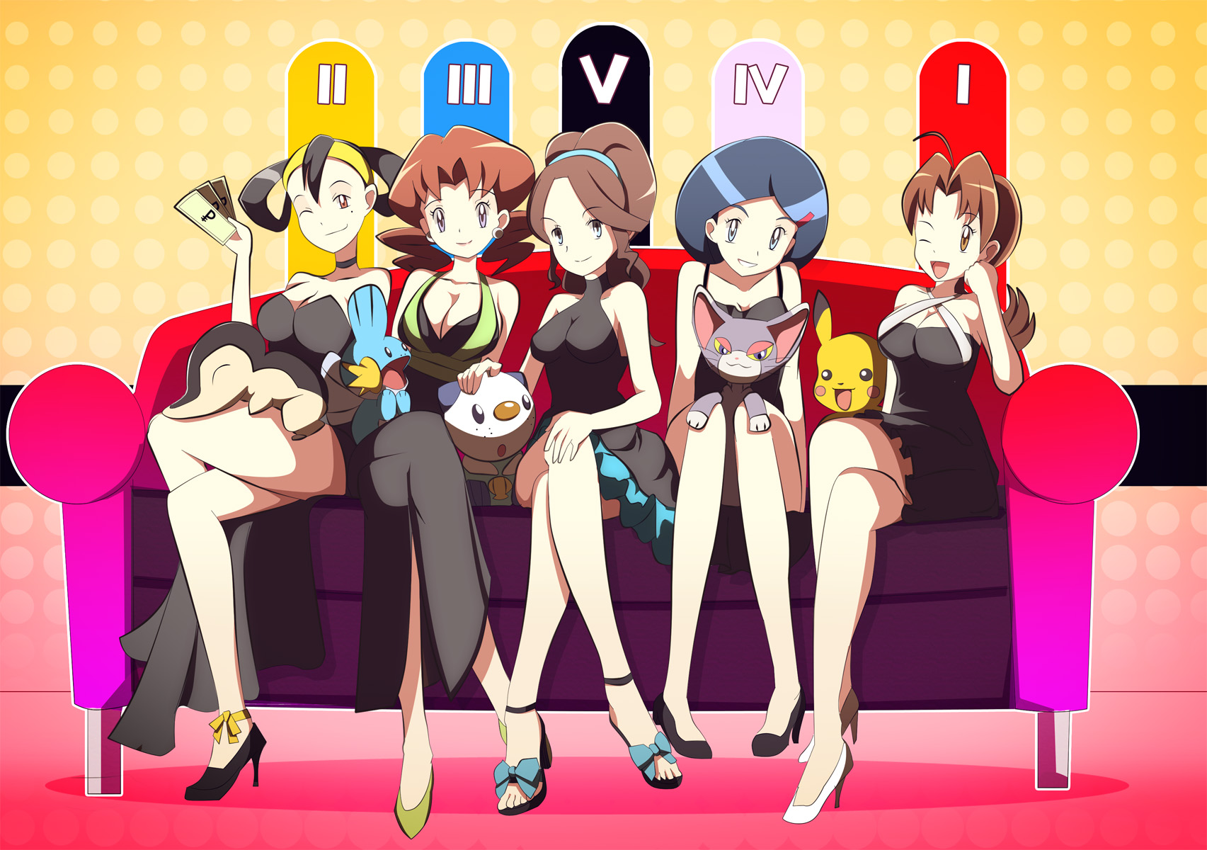 00s 10s 1990s_(style) 5girls ;) ;d ahoge ankle_ribbon banknote bare_shoulders black_dress black_hair blue_eyes blue_hair bow breasts brown_eyes brown_hair caroline_(pokemon) choker cleavage couch criss-cross_halter crossed_legs cyndaquil delia_ketchum dress eyeshadow flipped_hair gen_1_pokemon gen_2_pokemon gen_3_pokemon gen_4_pokemon gen_5_pokemon glameow grin hair_ornament hair_rings hairclip halterneck hand_on_own_knee happy head_rest headband high_heels highres indoors jewelry johanna_(pokemon) johto_mother knees_together_feet_apart large_breasts leg_ribbon lineup long_hair looking_at_viewer makeup mature_female miniskirt mole mole_under_eye money mother_(pokemon) mudkip multiple_girls nintendo one_eye_closed open_mouth orange_eyes oshawott pikachu pokedollar pokemon pokemon_(anime) pokemon_(classic_anime) pokemon_(creature) pokemon_bw pokemon_dppt pokemon_dppt_(anime) pokemon_gsc pokemon_rse pokemon_rse_(anime) ponytail red_eyes retro_artstyle ribbon sandals scrunchie shoes short_dress short_hair simple_background sitting skirt smile unova_mother_(bw) vivivoovoo wink