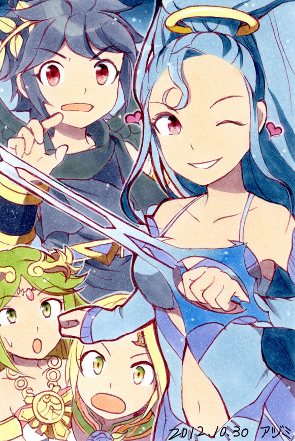 1boy 3girls amazon_pandora azumi_(tks-sd) black_hair blonde_hair blue_hair dark_pit green_eyes green_hair heart kid_icarus kid_icarus_uprising multiple_girls viridi nintendo palutena pandora_(kid_icarus) red_eyes