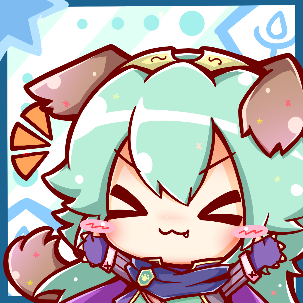 &gt;_&lt; 1girl :3 alternate_color alternate_hair_color animal_ears blue_background blush_stickers chibi closed_eyes dog_ears dog_tail fang female_focus fingerless_gloves fire_emblem fire_emblem_awakening gloves green_hair long_hair lucina_(fire_emblem) nintendo ritateo solo super_smash_bros. tail tiara wrist_cuffs x3