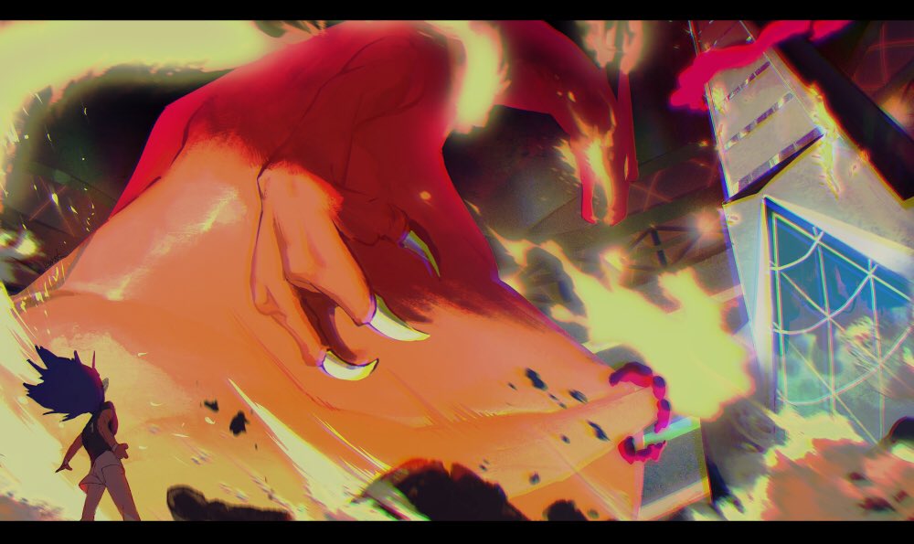 1boy blurry charizard claws duraludon fire flame-tipped_tail floating_hair gen_1_pokemon gen_8_pokemon giant gigantamax gigantamax_charizard gigantamax_duraludon kmtk leon_(pokemon) letterboxed long_hair looking_up nintendo pokemon pokemon_(creature) pokemon_swsh purple_hair shirt shorts stadium tail white_legwear white_shorts