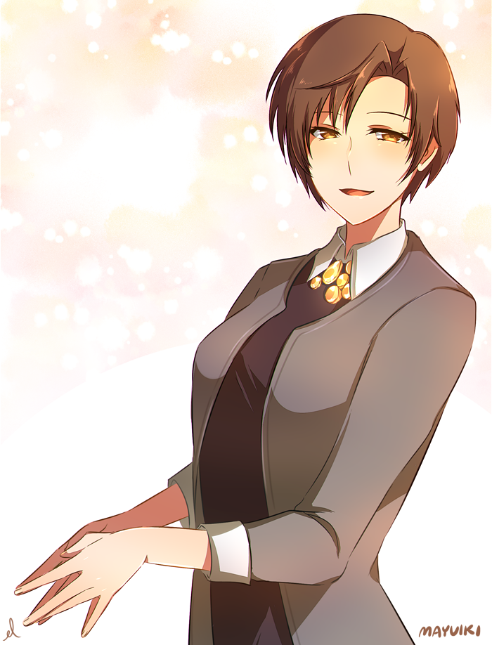 1girl black_shirt brown_eyes brown_hair coat collared_shirt ebbilin grey_coat grey_shirt kang_jaehee looking_at_viewer open_mouth shirt short_hair signature solo susanghan_messenger upper_body white_background