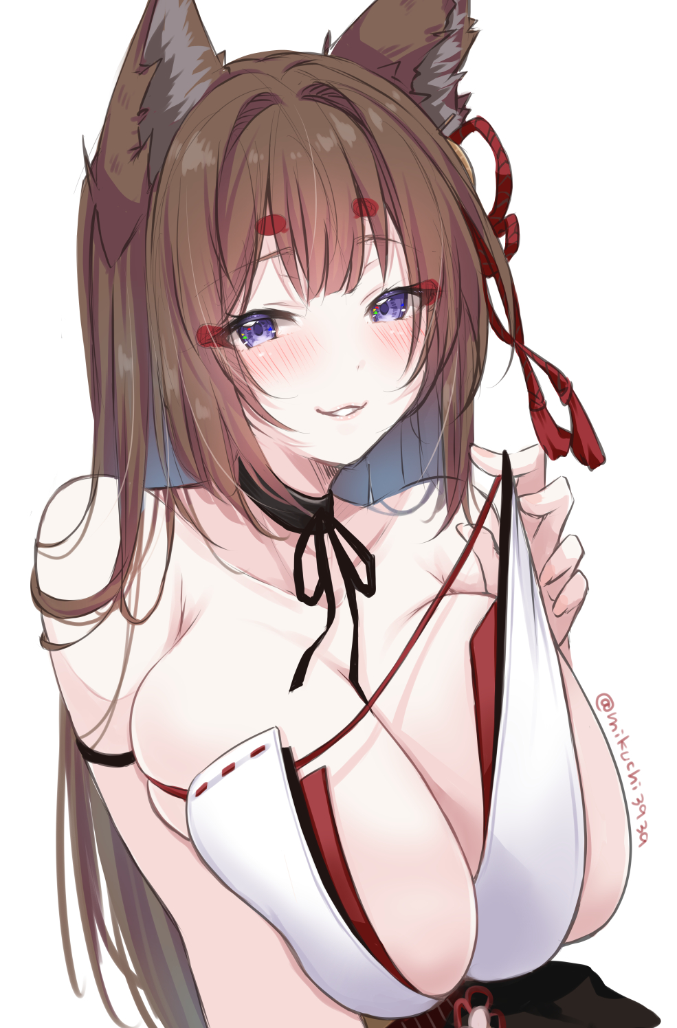 1girl amagi_(azur_lane) amagi_(wending_waters_serene_lotus)_(azur_lane) animal_ears azur_lane black_choker blush breasts brown_hair choker highres huge_breasts long_hair looking_at_viewer mikuchi3939 purple_eyes simple_background smile solo upper_body white_background