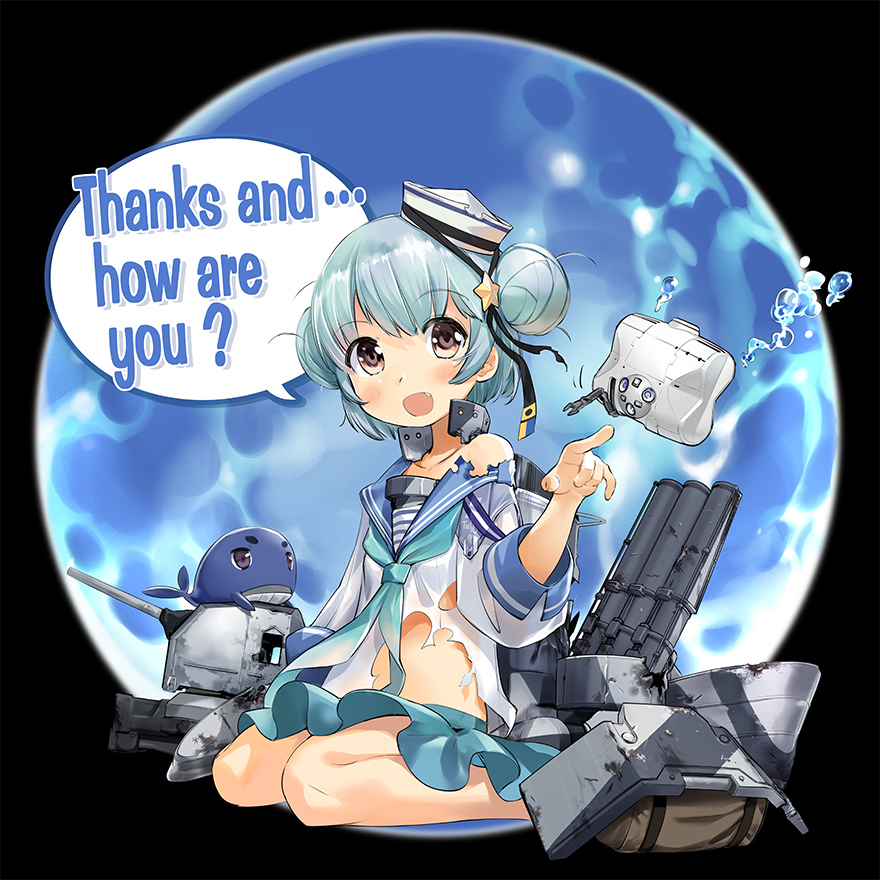 1girl aqua_hair blue_background blue_hair blue_sailor_collar blue_skirt blush brown_eyes bubble bubble_background dixie_cup_hat english_text fang hair_ornament hat kantai_collection little_blue_whale_(kancolle) military_hat official_art open_mouth outside_border rigging round_image sailor_collar samuel_b._roberts_(kancolle) school_uniform serafuku shirt signal_flag sitting skirt smile solo speech_bubble star_(symbol) star_hair_ornament submarine torn_clothes torn_shirt torpedo_tubes united_states_medal_of_honor wariza watercraft zeco
