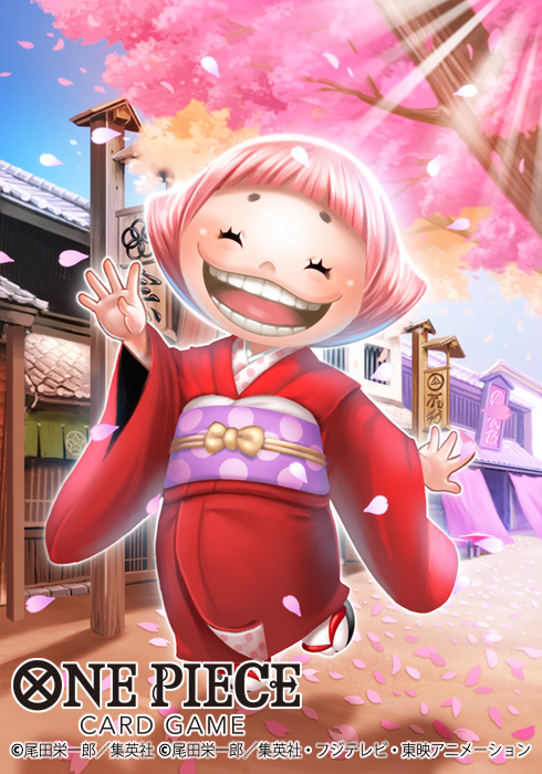 1girl ^_^ cherry_blossoms child closed_eyes commentary_request copyright_name japanese_clothes kimono obi official_art okobo one_piece one_piece_card_game open_mouth pink_hair pink_petals platform_sandals purple_sash red_kimono sandals sash short_eyebrows short_hair smile socks solo sunlight toko_(one_piece) tsutsui_misa waving white_socks