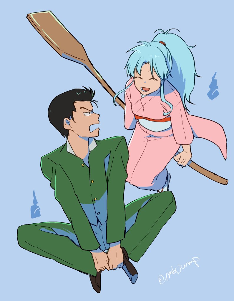 1boy 1girl :d blue_hair botan_(yu_yu_hakusho) full_body japanese_clothes kimono long_hair mabca oar open_mouth ponytail school_uniform simple_background smile urameshi_yusuke yuu_yuu_hakusho