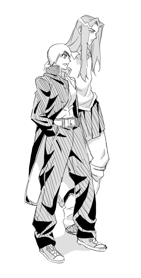 1boy 1girl alternate_costume breasts commentary_request crossdressing foo_fighters_(jojo) gakuran hands_in_pockets hatching_(texture) jeonjin_(mynamebazin) jojo_no_kimyou_na_bouken kneehighs korean_commentary large_breasts long_hair loose_socks miniskirt narciso_anasui open_mouth pleated_skirt polo_shirt school_uniform short_hair skirt smile socks stone_ocean
