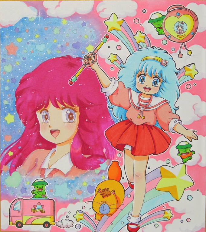 1980s_(style) 2girls arm_up blue_eyes blue_hair bobby_socks cat dress dual_persona full_body gera_gera_(persia) hairband hayami_persia heart long_hair mahou_no_yousei_persia mary_janes meso_meso_(persia) mikiky multiple_girls retro_artstyle persia_(mahou_no_yousei_persia) pink_hair puri_puri_(persia) red_dress red_skirt retro_artstyle shikishi shirt shoes simba_(persia) skirt sleeves_rolled_up smile socks standing standing_on_one_leg star_(symbol) traditional_media wand