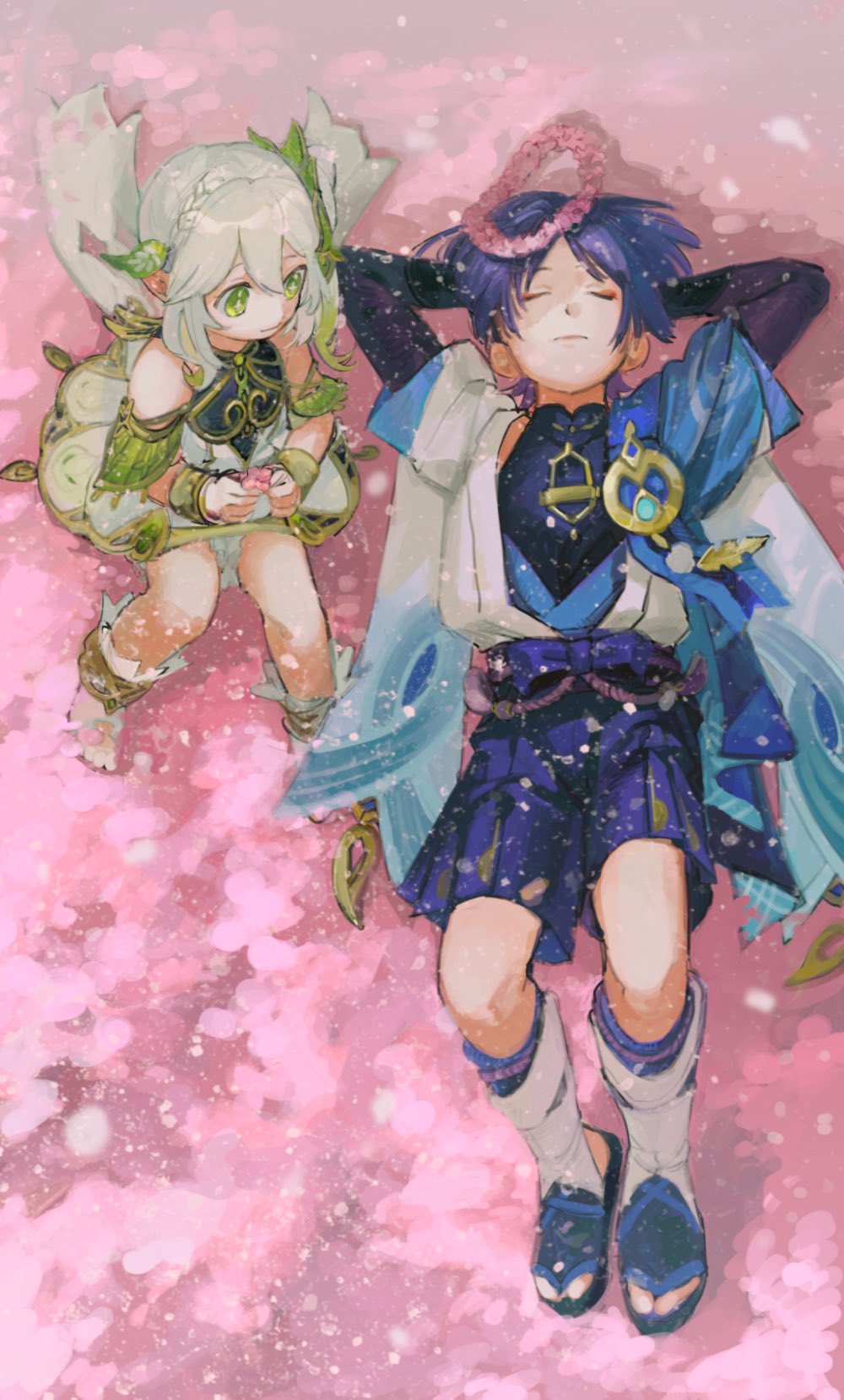 1boy 1girl anklet aqua_gemstone aqua_sleeves armlet arms_behind_head bare_shoulders black_bodysuit black_footwear blue_cape blue_kimono bodysuit bow bracelet cape closed_eyes closed_mouth covered_collarbone cross-shaped_pupils detached_sleeves double-parted_bangs dress eyeliner eyeshadow feathers flower_wreath fringe_trim full_body furisode gem genshin_impact gold green_eyes green_hair green_sleeves hair_between_eyes hair_ornament hakama hakama_shorts half_crown_braid han&#039;eri highres itsuu_ga_itai japanese_clothes jewelry kimono knees_together_feet_apart knees_up layered_clothes layered_kimono layered_sleeves leaf leaf_hair_ornament leg_warmers looking_at_another lying makeup mandarin_collar multicolored_hair nahida_(genshin_impact) on_back on_petals open_clothes open_kimono pom_pom_(clothes) purple_bow purple_hair purple_rope purple_shorts purple_socks red_eyeliner red_eyeshadow rope sandals scaramouche_(genshin_impact) short_sleeves shorts shoulder_peek sidelocks sitting smile socks stirrup_legwear streaked_hair symbol-shaped_pupils toeless_footwear toeless_legwear vision_(genshin_impact) wanderer_(genshin_impact) white_cape white_dress white_hair white_kimono white_leg_warmers white_sleeves yellow_feathers zouri