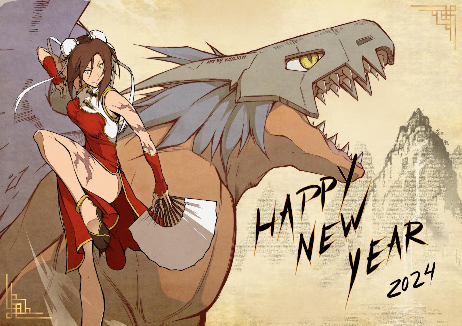 blue_hair brown_hair chinese_clothes chinese_zodiac digimon digimon_(creature) dragon highres himekawa_maki megadramon open_mouth sharp_teeth smile teeth year_of_the_dragon