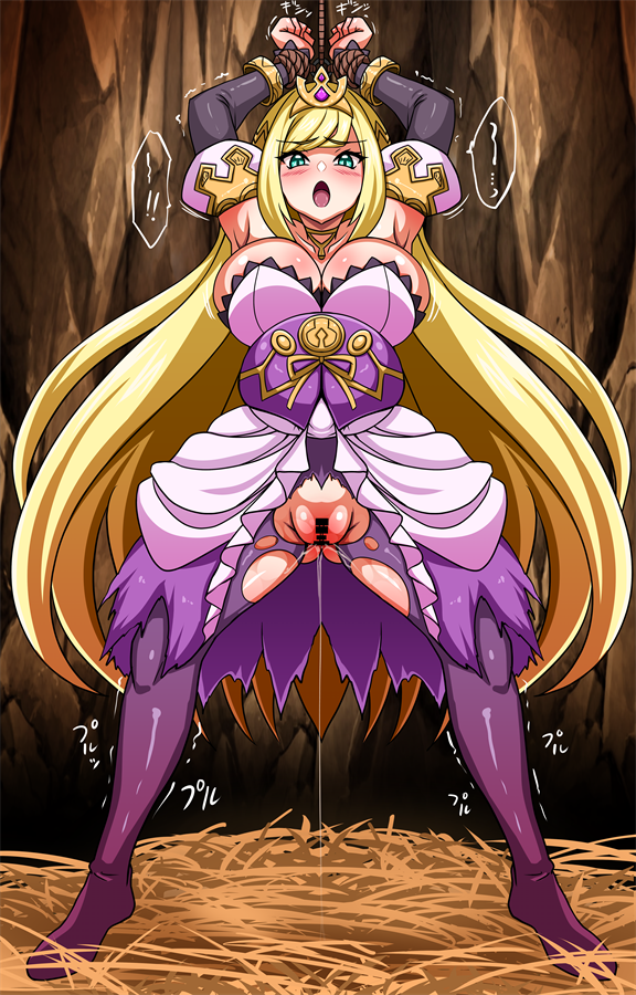 1girl armpits bar_censor blonde_hair blush breasts cave censored chelle_(dragalia_lost) collarbone crown detached_sleeves dragalia_lost green_eyes hay large_breasts long_hair open_mouth pantyhose pregnant pussy pussy_juice restrained rope skirt torn_clothes torn_pantyhose yagami_(mukage)