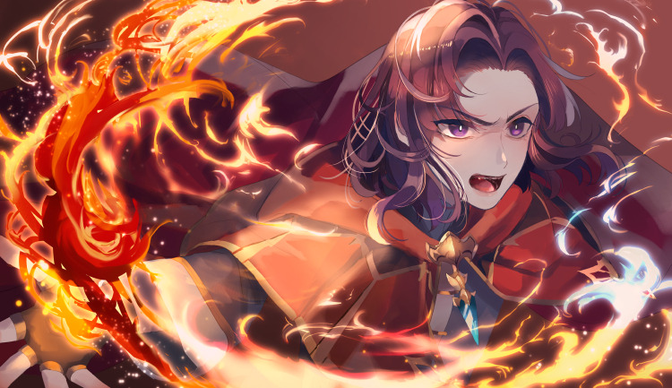 1boy cape casting_spell erk_(fire_emblem) fingerless_gloves fire fire_emblem fire_emblem:_the_blazing_blade furrowed_brow gloves kabitakamaboko looking_to_the_side nintendo open_mouth outstretched_arms purple_eyes purple_hair red_cape robe shouting spread_arms