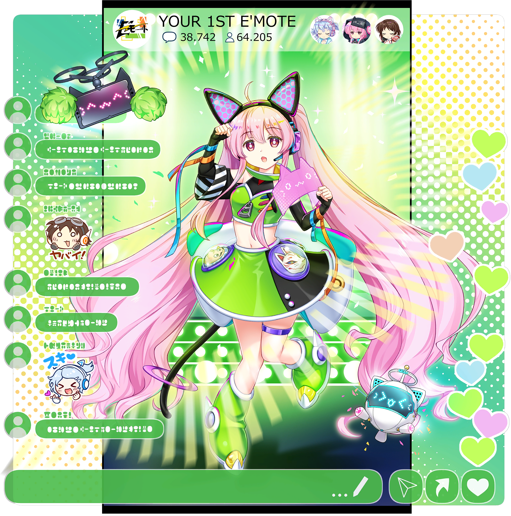&gt;_&lt; 1girl alternate_costume alternate_hairstyle animal_ear_headphones animal_ears black_gloves black_skirt boots breasts chat_log drone elbow_gloves fake_animal_ears fingerless_gloves fox_mask game_cg gloves green_boots green_skirt hata_no_kokoro hata_no_kokoro_(multi-display3r) headphones headset heart highres hyottoko_mask long_hair looking_at_viewer mask merlin_prismriver merlin_prismriver_(second_eldest_memory_leaker) midriff multicolored_skirt navel official_art open_mouth paw_pose pink_eyes pink_hair pom_pom_(cheerleading) rotte_(1109) science_fiction skirt small_breasts solo sparkle thigh_strap third-party_source touhou touhou_lostword translation_request transparent_background tsukumo_yatsuhashi twintails user_interface very_long_hair