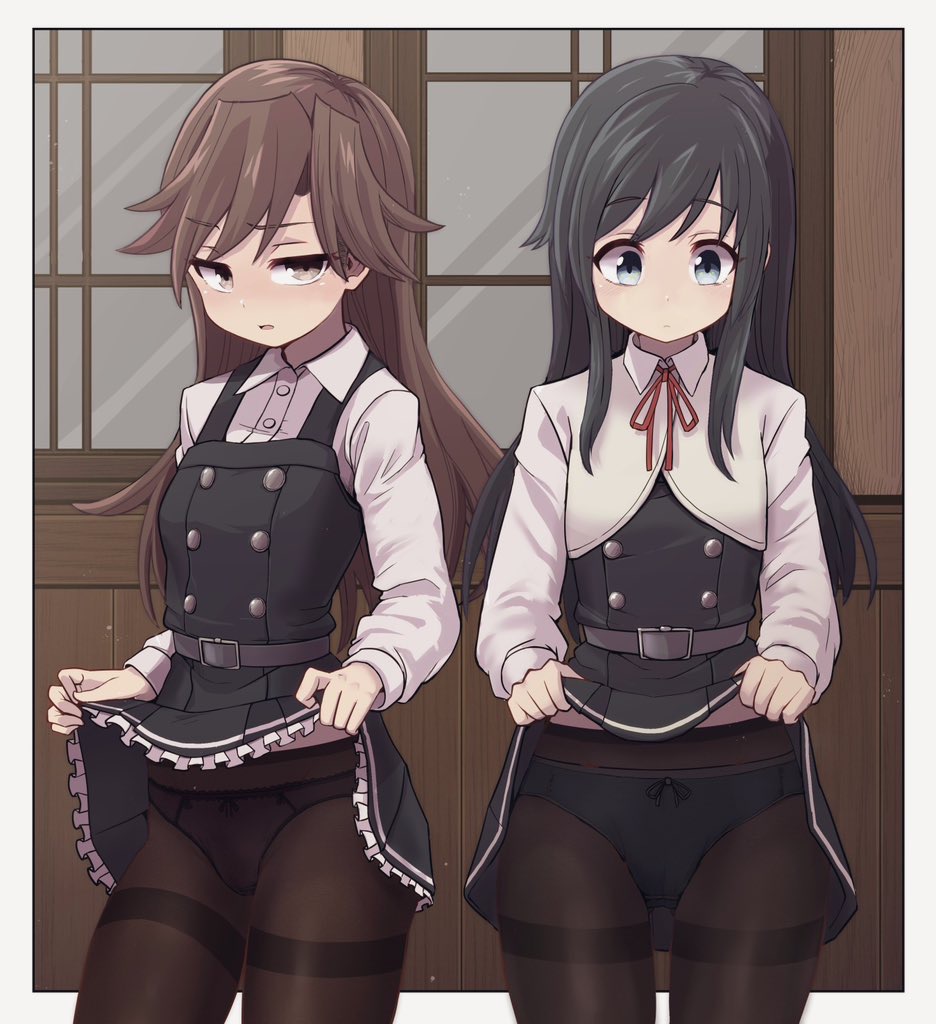 arashio_(kancolle) arashio_kai_ni_(kancolle) asashio_(kancolle) asashio_kai_ni_(kancolle) black_dress black_hair black_pantyhose blue_eyes bow bowtie brown_eyes brown_hair buttons clothes_lift dress dress_lift indoors kantai_collection lifting_own_clothes long_sleeves neck_ribbon panties pantyhose pinafore_dress pleated_dress red_bow red_bowtie red_ribbon ribbon shirt shirt_lift skirt skirt_lift sleeveless sleeveless_dress unagiman underwear white_shirt window