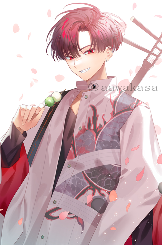 1boy black_shirt brown_hair commentary_request dango fate/grand_order fate_(series) food grin hair_between_eyes hand_up holding holding_food instrument instrument_on_back jacket long_sleeves looking_at_viewer male_focus parted_bangs petals puffy_long_sleeves puffy_sleeves red_eyes ryuuki_(hydrangea) sanshoku_dango shamisen shirt sleeves_past_wrists smile solo takasugi_shinsaku_(fate) takasugi_shinsaku_(first_ascension)_(fate) twitter_username wagashi white_background white_jacket