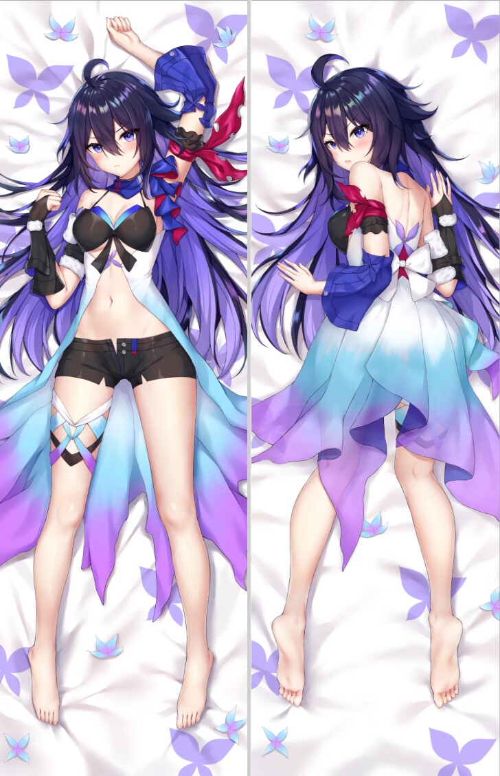 1girl arm_up asymmetrical_sleeves barefoot bed_sheet black_bra black_hair black_shorts blush bra breasts bridal_gauntlets cleavage closed_mouth colored_inner_hair dakimakura_(medium) detached_sleeves full_body hair_between_eyes honkai:_star_rail honkai_(series) long_hair looking_at_viewer lying midriff multicolored_hair navel on_back on_stomach open_clothes open_mouth open_shorts purple_eyes purple_hair seele_(honkai:_star_rail) short_shorts shorts small_breasts soles solo stomach thigh_strap underwear very_long_hair yutian_alice