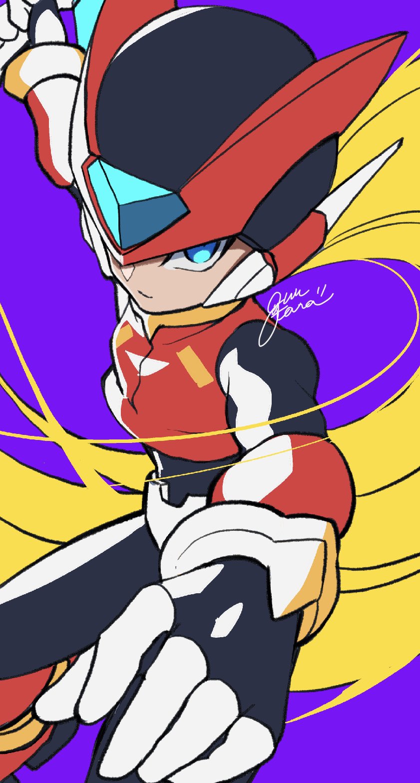 1boy android armor blonde_hair blue_eyes energy_blade energy_sword forehead_jewel guutara helmet highres holding holding_sword holding_weapon long_hair looking_at_viewer male_focus mega_man_(series) mega_man_zero_(series) ponytail purple_background red_armor red_helmet signature simple_background solo sword weapon z_saber zero(z)_(mega_man) zero_(mega_man)