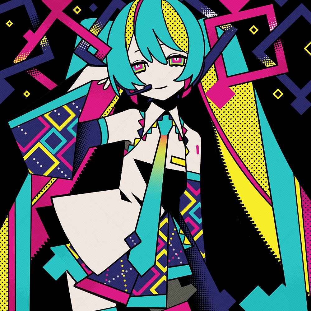 1girl aqua_hair aqua_necktie black_background closed_mouth commentary_request cowboy_shot detached_sleeves greek_commentary halftone hand_up hatsune_miku headset long_hair long_sleeves looking_at_viewer machigami_yoh miniskirt multicolored_eyes multicolored_hair necktie pleated_skirt print_skirt print_sleeves shirt skirt sleeveless sleeveless_shirt smile solo standing twintails very_long_hair vocaloid white_shirt wide_sleeves
