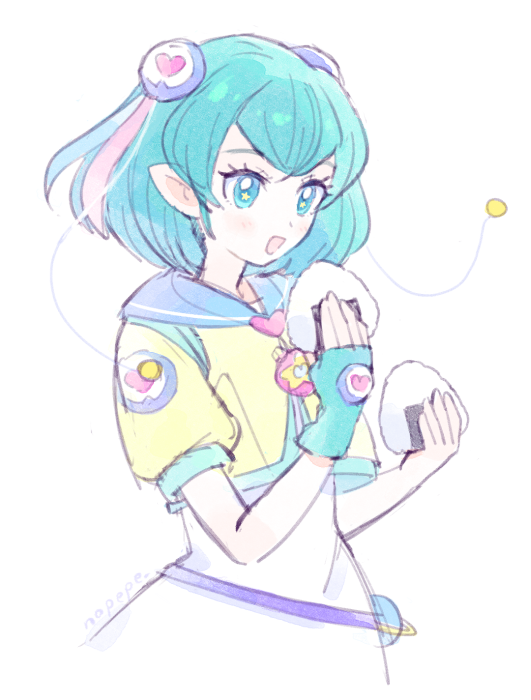 1girl aqua_hair blue_eyes blue_gloves fingerless_gloves food gloves hagoromo_lala mihoshi_middle_school_uniform nopepe onigiri open_mouth pink_hair pointy_ears precure school_uniform smile solo star-shaped_pupils star_(symbol) star_twinkle_precure symbol-shaped_pupils