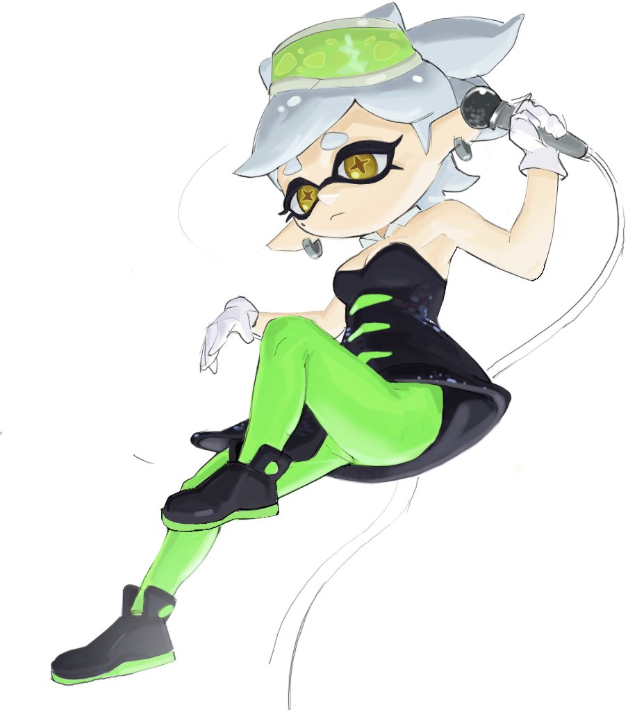 +_+ black_dress bow-shaped_hair breasts cleavage detached_collar dress earrings food food_on_head gloves green_pantyhose grey_hair half_updo hoop_earrings inkling jewelry marie_(splatoon) marie_(squid_sisters_outfit)_(splatoon) mole mole_under_eye nintendo object_on_head pantyhose pointy_ears short_dress splatoon_(series) spryavalanche strapless strapless_dress sushi swept_bangs tentacle_hair white_gloves