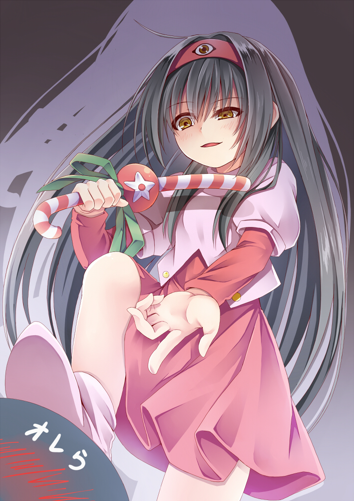 00s 1girl black_hair breasts child cosplay creek_(moon-sky) dai_mahou_touge foot_on_head long_hair shaded_face stepped_on tanaka_punie tanaka_punie_(cosplay) yandere youjo_(creek_(moon-sky))