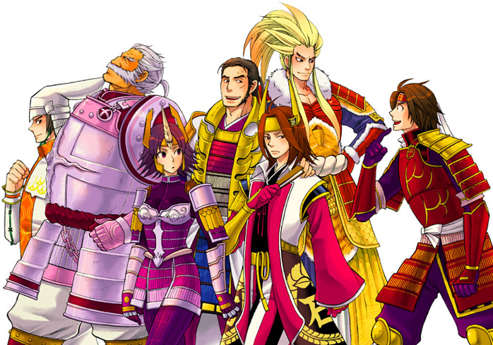 1girl 6+boys ahoge armor blonde_hair brown_hair chain facial_hair gloves hand_fan hat ishida_mitsunari ishida_mitsunari_(sengoku_musou) japanese_armor japanese_clothes kusazuri long_hair maeda_keiji maeda_keiji_(sengoku_musou) mitsunari_ishida multiple_boys mustache naoe_kanetsugu purple_hair sanada_yukimura_(sengoku_musou) sengoku_musou sengoku_musou_2 shima_sakon shimazu_yoshihiro short_hair shoulder_armor simple_background sode tachibana_ginchiyo vambraces white_background yukimura_sanada