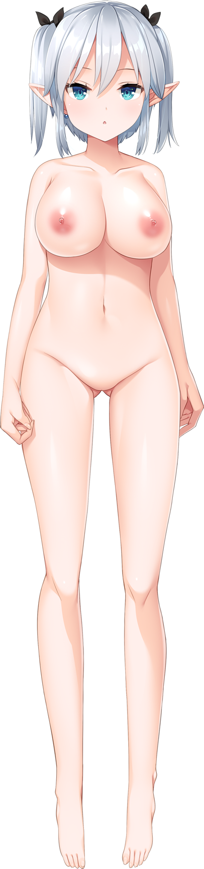 :o arms_at_sides barefoot black_ribbon blue_eyes completely_nude earrings elf full_body game_cg girls_frantic_clan gluteal_fold grey_hair highres jewelry long_image long_pointy_ears looking_at_viewer matsudo_minami navel nipples no_pussy non-web_source nude official_art pointy_ears ribbon stud_earrings tachi-e tall_image transparent_background twintails yaegashi_nan