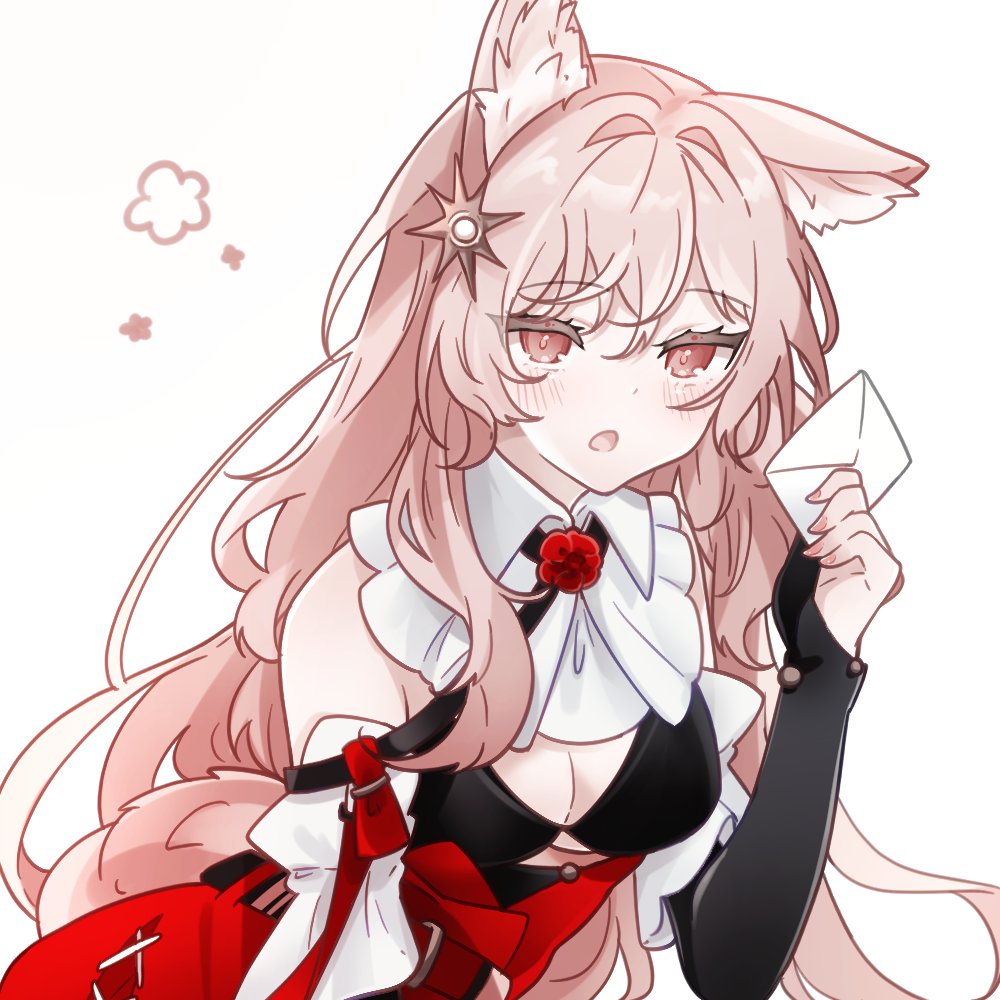 1girl :o animal_ear_fluff arknights aza_nonoka bare_shoulders blush breasts cleavage commentary flower frills hair_between_eyes holding holding_letter letter long_hair open_mouth pink_eyes pink_hair pozyomka_(arknights) red_flower red_rose rose simple_background single_ear_down solo white_background