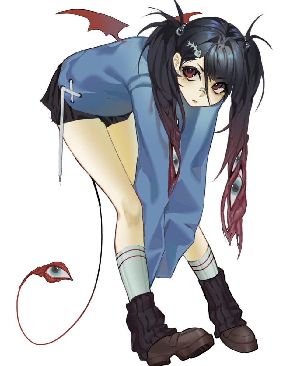 black_hair bridge_piercing demon_girl demon_wings eyeball_hair_ornament fish_skeleton_hair_ornament gradient_hair highres leg_warmers marine_(216631) meat_hair multicolored_hair nose_piercing original piercing socks tail twintails veins wings