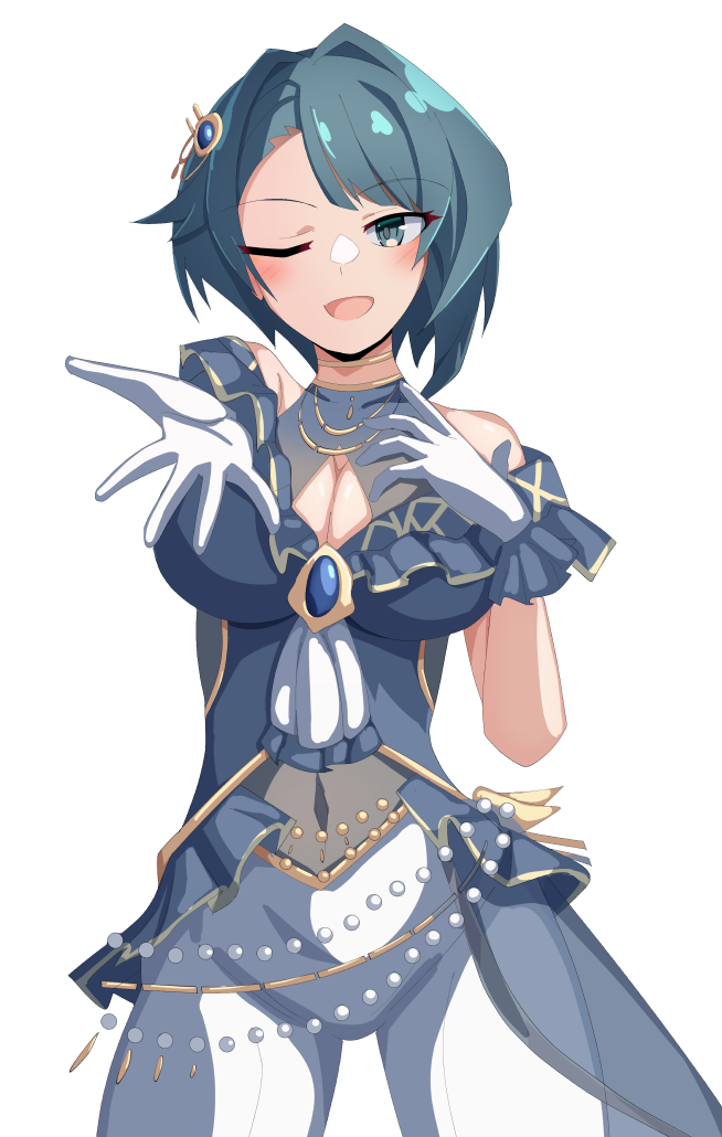 1girl ;d aizawa_kazuha assault_lily asymmetrical_hair bare_shoulders blue_dress blue_eyes blue_gemstone blue_hair blush breasts cleavage cleavage_cutout clothing_cutout commentary_request covered_navel cowboy_shot dress frilled_dress frilled_gloves frilled_sleeves frills gem gem_hair_ornament gloves hair_ornament hand_on_own_chest hands_up ishitsuma_canon jewelry large_breasts looking_at_viewer neck_ring necklace official_alternate_costume one_eye_closed open_hand open_mouth outstretched_arm pants pants_under_dress pearl_(gemstone) reaching reaching_towards_viewer see-through_clothes short_hair short_sleeves shoulder_cutout simple_background smile solo standing white_background white_gloves white_pants