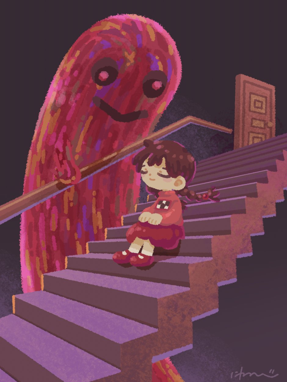 1girl :&gt; black_background braid brown_hair closed_eyes closed_mouth commentary creature door facing_another hands_on_own_knees highres kyukkyu-kun long_hair long_sleeves madotsuki mary_janes niwasakino_daei pink_sweater print_sweater railing red_shoes red_skirt shoes signature sitting sitting_on_stairs skirt smile solo stairs sweater turtleneck turtleneck_sweater twin_braids wall-eyed wide_shot yume_nikki