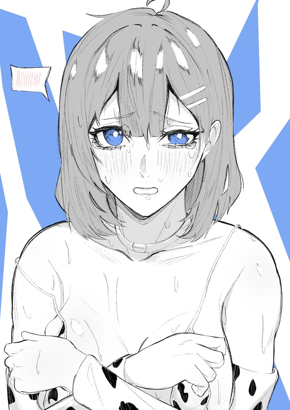 1girl ahoge animal_print bikini bikini_top_only blue_eyes blush breasts choker covering_breasts covering_privates cow_print embarrassed highres hod_(project_moon) library_of_ruina looking_at_viewer nb8c partially_colored project_moon sweat swimsuit tears