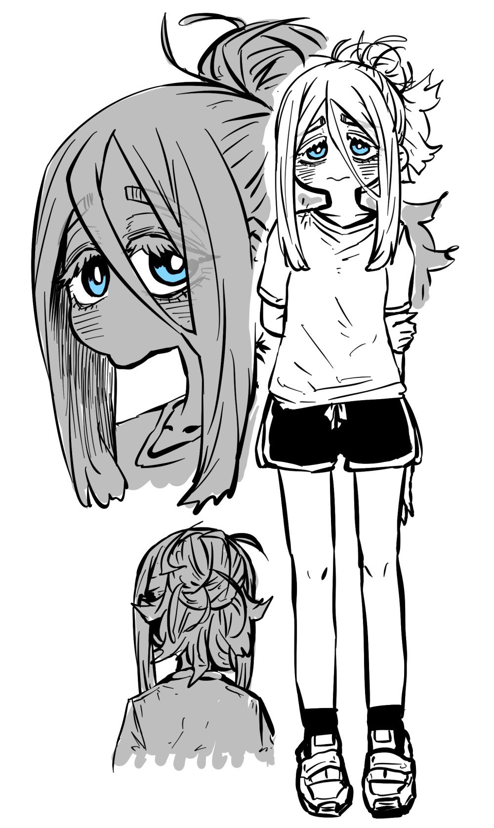 1girl alternate_costume arms_behind_back blue_eyes child greyscale_with_colored_eyes gym_shirt gym_shorts hair_bun highres holding_own_arm limited_palette long_hair looking_at_viewer rosario_kirishima shirt shoes shorts sneakers solo t-shirt yakunitatsu_node_chi_o_kudasai zyugoya