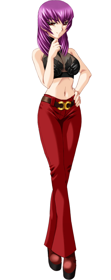 1girl belt bou_(inubou) breasts brown_belt cleavage closed_mouth crop_top crossed_legs full_body hair_between_eyes hand_on_own_hip kouzuki_yuuko large_breasts long_hair looking_at_viewer midriff muv-luv navel official_art pants purple_eyes purple_hair red_footwear red_pants smile solo standing stomach straight_hair tachi-e transparent_background