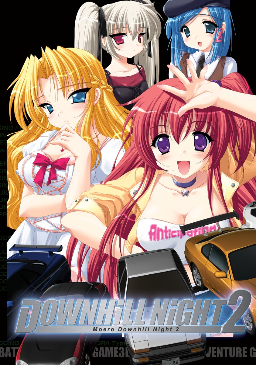4girls asagiri_tomomi asahina_rinka beret black_camisole black_headwear black_necktie blonde_hair blue_eyes blush bow braid breasts brown_vest camisole car cleavage collarbone collared_shirt copyright_name cover crown_braid dress emily_(pure_dream) grey_hair hat highres jacket medium_breasts medium_hair moero_downhill_night_(series) moero_downhill_night_2 motor_vehicle multiple_girls narukami_kei necktie nissan nissan_silvia nissan_silvia_s15 nissan_skyline nissan_skyline_r34 official_art one_side_up open_hand purple_eyes red_bow red_eyes red_hair red_shirt shirt spoiler_(automobile) sports_car strapless suzuki_(company) suzuki_cappuccino toudouin_reiko toyota toyota_sprinter_trueno tube_top twintails vest video_game_cover white_dress white_shirt white_tube_top yellow_jacket