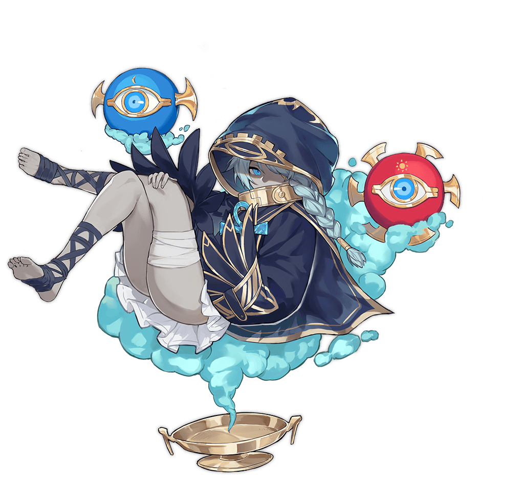 1girl ankh ark_order bandaged_leg bandages black_coat black_ribbon blue_eyes blue_hair braid cloud coat colored_skin eye_print full_body gold_trim grey_skin holding hood hooded_coat horus_(ark_order) kzhu leg_ribbon long_sleeves looking_at_viewer lying official_art on_back ribbon sidelocks single_braid sleeves_past_fingers sleeves_past_wrists solo tachi-e third_eye transparent_background