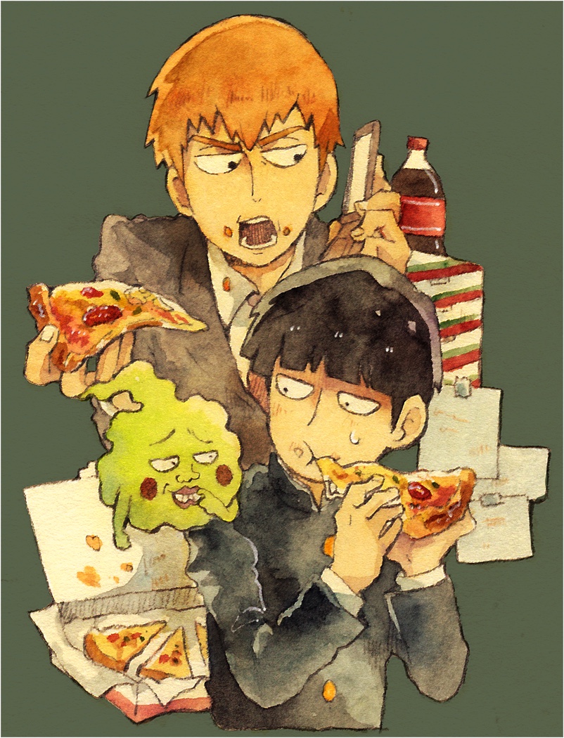 2boys :t black_eyes black_hair black_jacket blazer blunt_bangs blush_stickers box buttons cellphone chewing closed_mouth collared_jacket collared_shirt commentary_request cropped_torso crumbs eating ekubo_(mob_psycho_100) fingernails flip_phone food furrowed_brow gakuran ghost green_background grey_jacket grin high_collar holding holding_food holding_phone jacket kageyama_shigeo layered_sleeves long_sleeves looking_at_another male_focus mob_psycho_100 momiji_(lucario) multiple_boys necktie note open_mouth orange_hair phone pizza red_necktie reigen_arataka school_uniform shirt short_hair simple_background smile soda soda_bottle sweatdrop talking_on_phone tape taped_note teeth thick_eyebrows thick_lips undershirt v-neck white_shirt white_undershirt