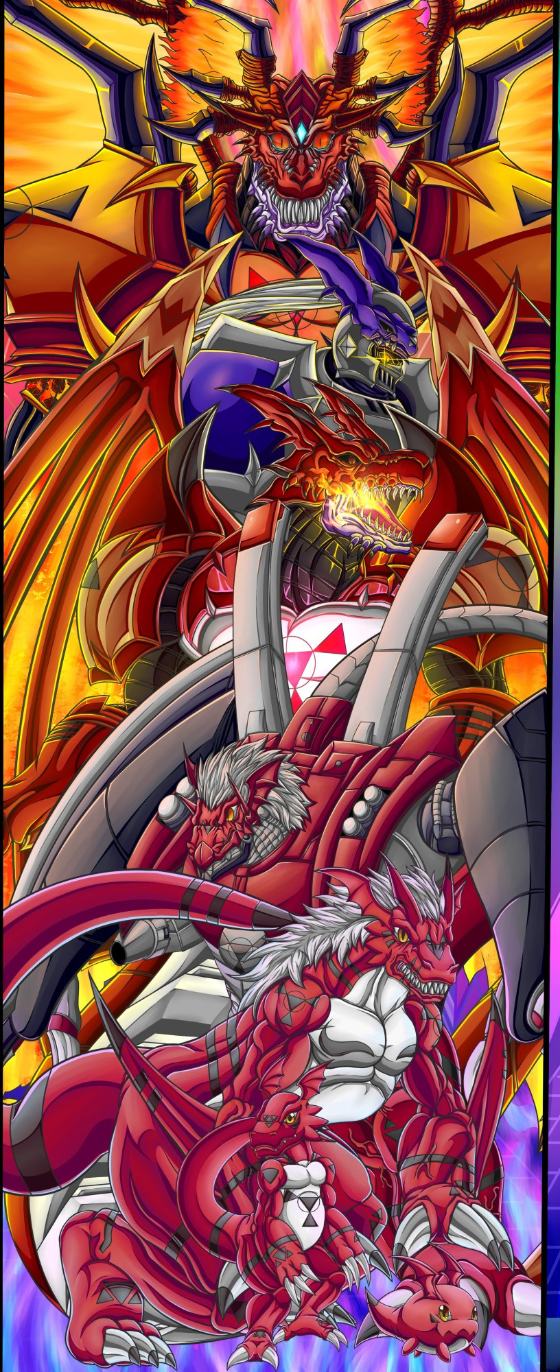 chaosdukemon digimon digimon_(creature) digital_hazard gigimon growmon guilmon highres megalogrowmon megidramon megidramon_x-antibody muscular sharp_teeth tail teeth wings yellow_eyes