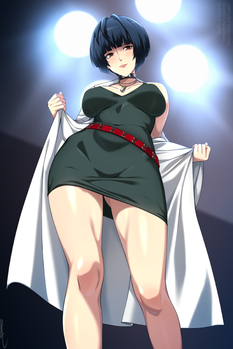 1girl belt blunt_bangs breasts breasts_apart ceiling_light coat commentary covered_navel english_commentary feet_out_of_frame from_below gluteal_fold highres indoors jewelry lab_coat large_breasts lindaroze long_sleeves looking_at_viewer looking_down necklace parted_lips persona persona_5 red_belt short_hair solo standing takemi_tae thighs white_coat