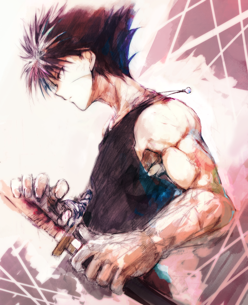 1boy bad_id bad_pixiv_id black_hair black_shirt clip_studio_paint_(medium) hiei highres holding holding_sword holding_weapon jewelry male_focus muscular necklace shado_ne sheath sheathed shirt sleeveless sleeveless_shirt solo sword tank_top weapon yuu_yuu_hakusho